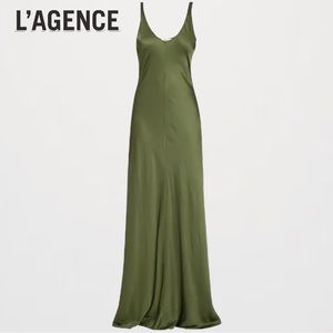 L'AGENCE Clea Satin Maxi Slip Dress in Dark Moss Green